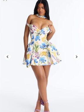 Fashion Nova White Floral Off-Shoulder Sweetheart Mini Dress